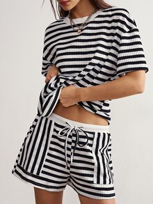 Bohemela Casual Solid Color Knit Loose Tank Top & Long Pants Women 2 Pieces Set - Black and White - View 2
