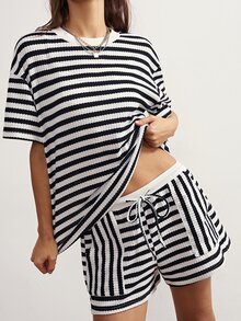 Bohemela Casual Solid Color Knit Loose Tank Top & Long Pants Women 2 Pieces Set - Black and White - View 5