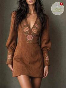 LUMIGAL Gaun Mini Wanita Bahan Suede Berkerah V dengan Motif Cetak dan Potongan Pinggang yang Pas - Rust Brown - View 1
