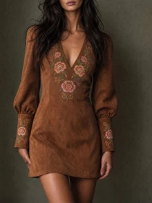 LUMIGAL Gaun Mini Wanita Bahan Suede Berkerah V dengan Motif Cetak dan Potongan Pinggang yang Pas - Rust Brown - View 7