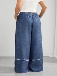 SHEIN CURVE+ Women's Plus Size Casual Streetwear Printed Drawstring Wide Leg Pants Office Blue And White Summer - Blue - View 2