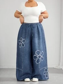 SHEIN CURVE+ Women's Plus Size Casual Streetwear Printed Drawstring Wide Leg Pants Office Blue And White Summer - Blue - View 8