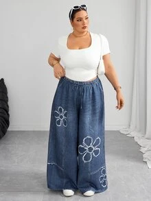 SHEIN CURVE+ Women's Plus Size Casual Streetwear Printed Drawstring Wide Leg Pants Office Blue And White Summer - Blue - View 7
