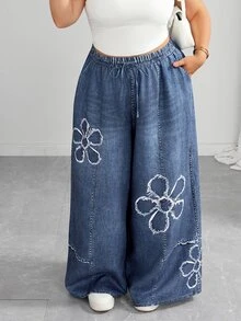 SHEIN CURVE+ Women's Plus Size Casual Streetwear Printed Drawstring Wide Leg Pants Office Blue And White Summer - Blue - View 5