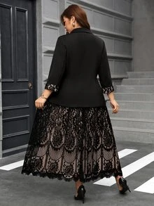 Reflora Plus Size Women's Contrast Lace Cuff Jacket And Dress Elegant Suit Set Fall - Black - View 3