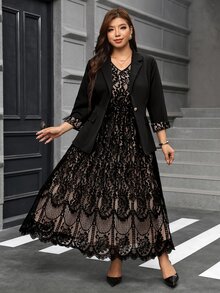 Reflora Plus Size Women's Contrast Lace Cuff Jacket And Dress Elegant Suit Set Fall - Black - View 9