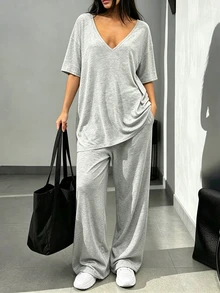 INAWLY Solva Women's Solid Color Deep V-Neck 3/4 Sleeve T-Shirt And Long Pants Casual 2-Piece Set - Grey - View 1