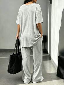 INAWLY Solva Women's Solid Color Deep V-Neck 3/4 Sleeve T-Shirt And Long Pants Casual 2-Piece Set - Grey - View 4
