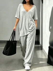 INAWLY Solva Women's Solid Color Deep V-Neck 3/4 Sleeve T-Shirt And Long Pants Casual 2-Piece Set - Grey - View 2