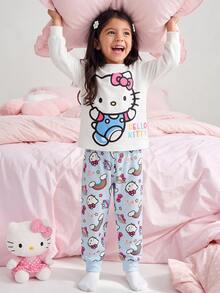Maija Kids HELLO KITTY AND FRIENDS | SHEIN Maija Kids 女童修身可愛卡通圖案長袖睡衣彈性腰長褲居家服套裝 - 藍白色 - 查看 2