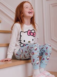 Maija Kids HELLO KITTY AND FRIENDS | SHEIN Maija Kids 女童修身可愛卡通圖案長袖睡衣彈性腰長褲居家服套裝 - 藍白色 - 查看 4