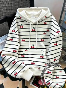Resyla Women's Cherry Print Striped Long Sleeve Hooded Sweatshirt - Multicolor - View 2