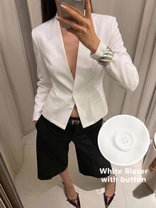 Maija 女款純色單鈕休閒西裝外套，外出穿搭，女款職場穿搭，秋季服飾 - 白色 - 查看 7