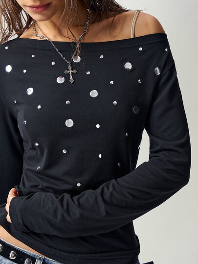 Bohemela Tricou damă cu mânecă lungă, croială slim fit, cu decorațiuni cu ținte, versatil, casual de zi cu zi, streetwear, negru, pentru toamnă, Halloween Night