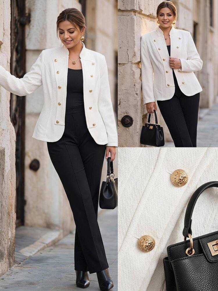 Chikora Plus Size Women Solid Color Double-Breasted Button Design Open Front Jacket Office Party White Autumn Elegant Smart Fall - Apricot - View 1