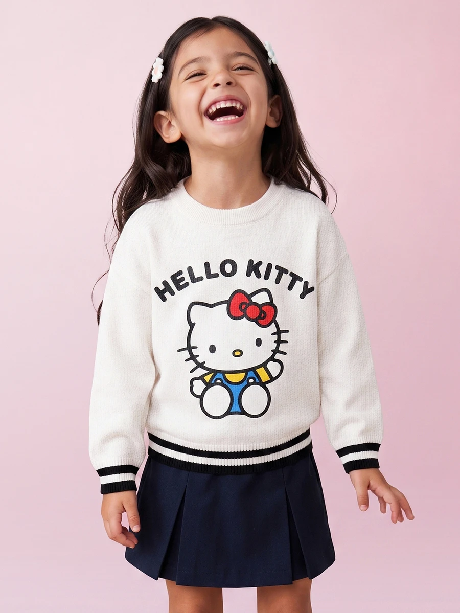 Maija Kids HELLO KITTY AND FRIENDS | SHEIN Maija Kids 女童小女孩字母卡通圖案圓領長袖秋季毛衣 - 白色 - 查看 1