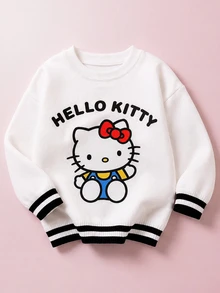 Maija Kids HELLO KITTY AND FRIENDS | SHEIN Maija Kids 女童小女孩字母卡通圖案圓領長袖秋季毛衣 - 白色 - 查看 5