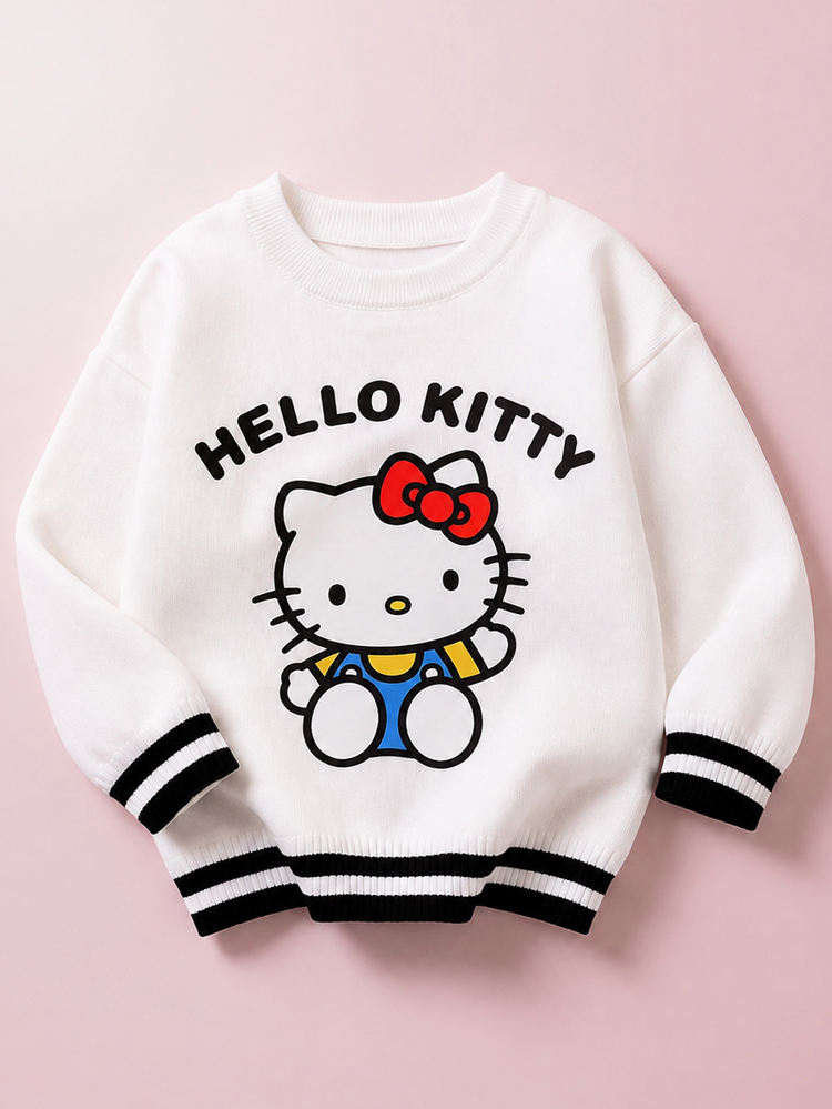 Maija Kids HELLO KITTY AND FRIENDS | SHEIN Maija Kids Kids Young Girl Letter Cartoon Pattern Round Neck Long Sleeve Autumn Sweater - White - View 5