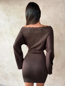 Aloruh Women's Long-Sleeve Brown Dress – Minimalist Workwear Style, Featuring Lace Paneling And An Asymmetrical Off-Shoulder Design Vacation-Style Dress Hal - Brown - View 8