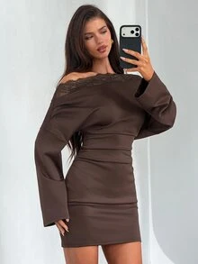 Aloruh Women's Long-Sleeve Brown Dress – Minimalist Workwear Style, Featuring Lace Paneling And An Asymmetrical Off-Shoulder Design Vacation-Style Dress Hal - Brown - View 3