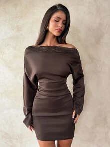 Aloruh Women's Long-Sleeve Brown Dress – Minimalist Workwear Style, Featuring Lace Paneling And An Asymmetrical Off-Shoulder Design Vacation-Style Dress Hal - Brown - View 5