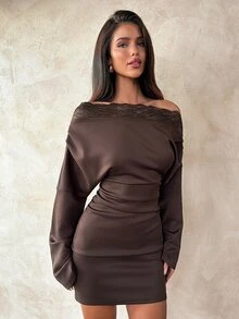 Aloruh Women's Long-Sleeve Brown Dress – Minimalist Workwear Style, Featuring Lace Paneling And An Asymmetrical Off-Shoulder Design Vacation-Style Dress Hal - Brown - View 6
