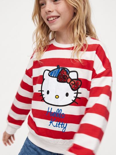 Maija Kids HELLO KITTY AND FRIENDS | SHEIN Maija Kids Sweatshirt Lengan Panjang Bergaris Kartun Lucu untuk Anak Perempuan Remaja Musim Gugur/Dingin, Serbaguna, Cocok untuk Musim Dingin