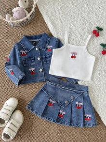 SHEIN 3件組幼女牛仔夾克裙套裝，可愛甜美藍白紅櫻桃蝴蝶結刺繡長袖常規款，生日派對秋季公主芭蕾風 - 藍色 - 查看 9