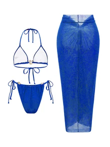 Swim Oasis 2026 New Sexy Bikini Three Pieces Set With Low-Waist Bandage And Mesh Skirt - Royal Blue - View 2