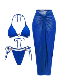 Swim Oasis 2026 New Sexy Bikini Three Pieces Set With Low-Waist Bandage And Mesh Skirt - Royal Blue - View 5