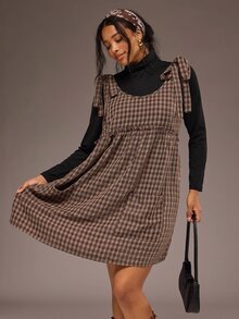 Freevana 2件組大尺碼女款純色高領長袖上衣與格紋肩結式背帶洋裝套裝，冬季款 - 彩色 - 查看 6