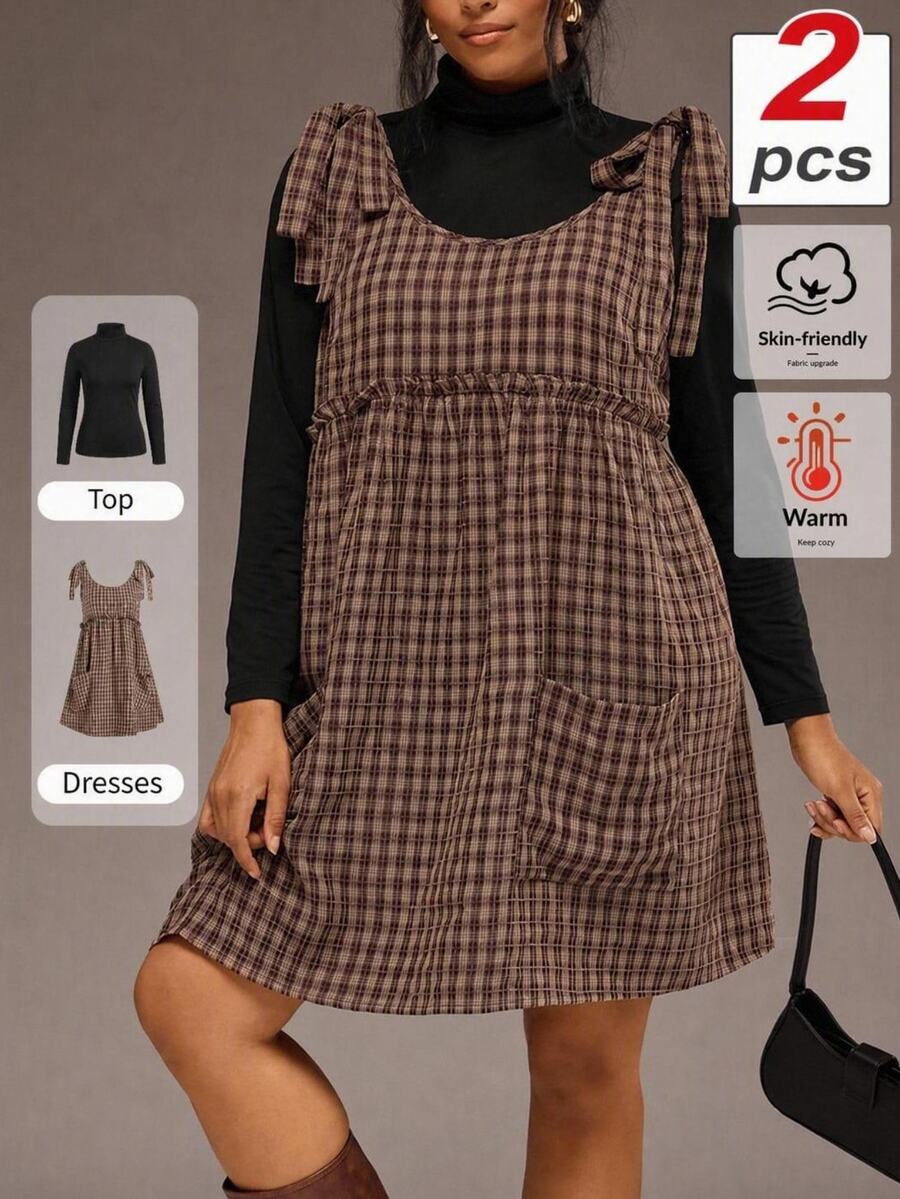 Freevana 2PC Plus Size Women Solid Color Turtleneck Long Sleeve Top And Plaid Shoulder Knot Strap Dress Set Winter - Multicolor - View 1