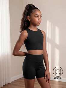 SHEIN Tween Girls Active Top Shorts Set, Black High Stretch Fabric With Shiny Crystals, Gymnastics, Dance Training Workout Outfit, Summer, Gym Autumn Winter - Black - View 2