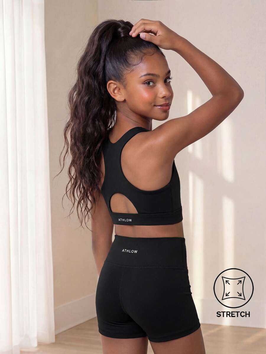 SHEIN Tween Girls Active Top Shorts Set, Black High Stretch Fabric With Shiny Crystals, Gymnastics, Dance Training Workout Outfit, Summer, Gym Autumn Winter - Black - View 1