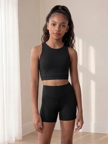 SHEIN Tween Girls Active Top Shorts Set, Black High Stretch Fabric With Shiny Crystals, Gymnastics, Dance Training Workout Outfit, Summer, Gym Autumn Winter - Black - View 5