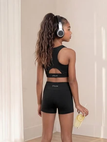 SHEIN Tween Girls Active Top Shorts Set, Black High Stretch Fabric With Shiny Crystals, Gymnastics, Dance Training Workout Outfit, Summer, Gym Autumn Winter - Black - View 3