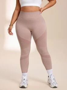 SHEIN Unity Women's Plus Size Striped High Waist Daily Fitness Sports Leggings - Brown - View 4