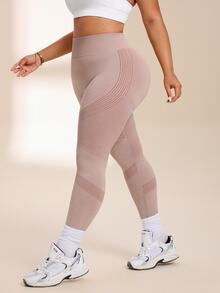 SHEIN Unity Women's Plus Size Striped High Waist Daily Fitness Sports Leggings - Brown - View 5