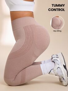 SHEIN Unity Women's Plus Size Striped High Waist Daily Fitness Sports Leggings - Brown - View 7