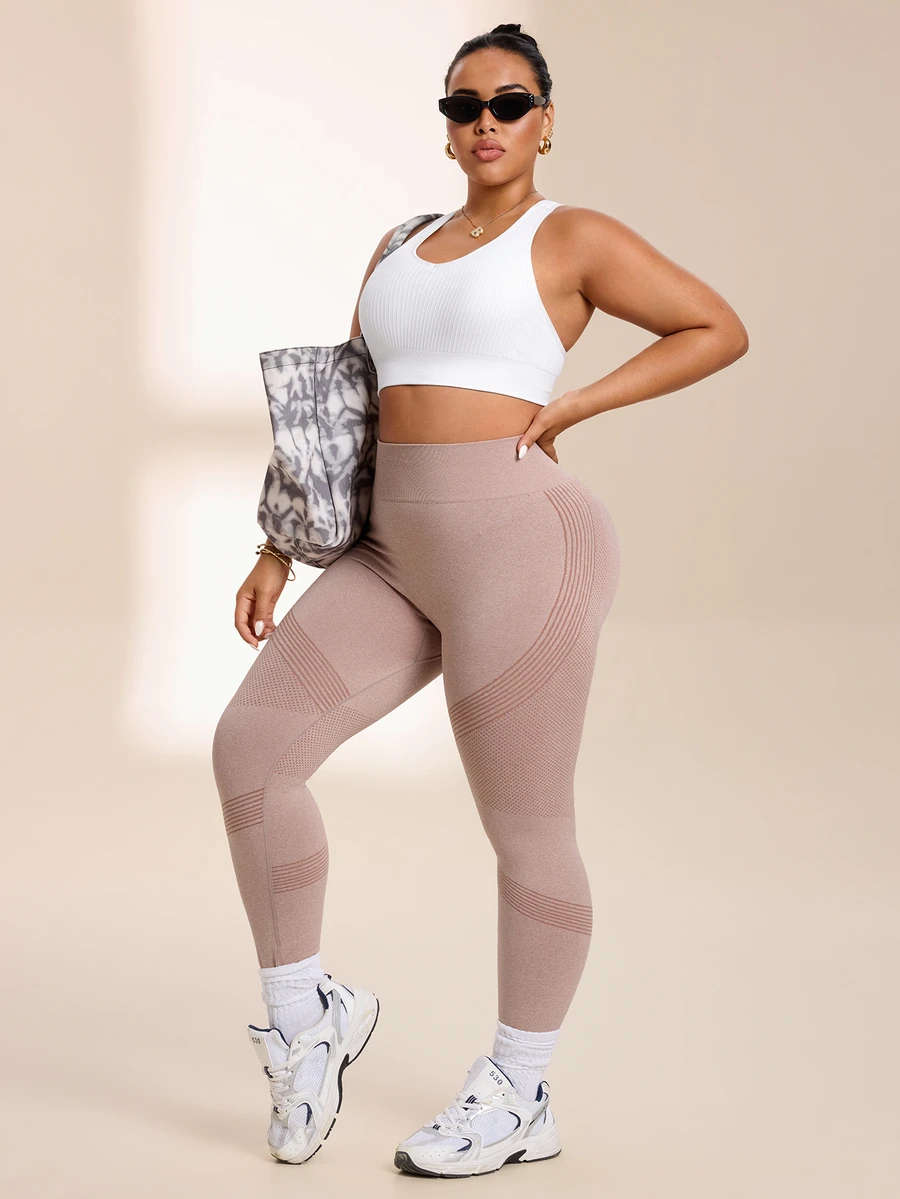 SHEIN Unity Women's Plus Size Striped High Waist Daily Fitness Sports Leggings - Brown - View 1