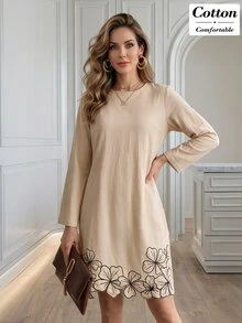 Medorina Women's Fashion Embroidered Long Sleeve Dress For Vacation And Dating - Apricot - View 7
