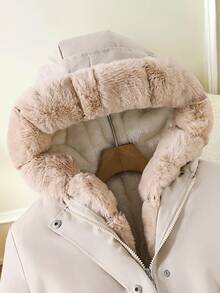 SHEIN Teen Girls Casual Cute Senior Fashion Woven Fabric Long Hooded Jacket Contrast Color Placket Fuzzy Material Loose Fit Comfortable Autumn Winter White - Khaki - View 7
