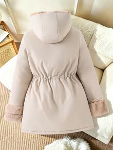 SHEIN Teen Girls Casual Cute Senior Fashion Woven Fabric Long Hooded Jacket Contrast Color Placket Fuzzy Material Loose Fit Comfortable Autumn Winter White - Khaki - View 4