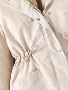 SHEIN Teen Girls Casual Cute Senior Fashion Woven Fabric Long Hooded Jacket Contrast Color Placket Fuzzy Material Loose Fit Comfortable Autumn Winter White - Khaki - View 6