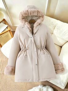 SHEIN Teen Girls Casual Cute Senior Fashion Woven Fabric Long Hooded Jacket Contrast Color Placket Fuzzy Material Loose Fit Comfortable Autumn Winter White - Khaki - View 3