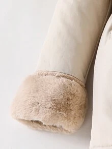 SHEIN Teen Girls Casual Cute Senior Fashion Woven Fabric Long Hooded Jacket Contrast Color Placket Fuzzy Material Loose Fit Comfortable Autumn Winter White - Khaki - View 5