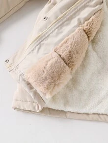 SHEIN Teen Girls Casual Cute Senior Fashion Woven Fabric Long Hooded Jacket Contrast Color Placket Fuzzy Material Loose Fit Comfortable Autumn Winter White - Khaki - View 8