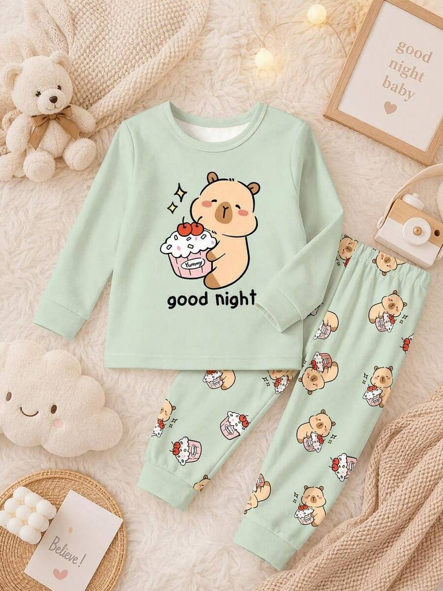 Set Pakaian Tidur Rumah Kasual Sehari-hari untuk Bayi Perempuan dengan Motif Kartun Huruf, Atasan Lengan Panjang dan Celana - MultiWarna - View 1