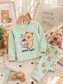 Baby Girl Letter Cartoon Print Long Sleeve Top And Pants Casual Daily Home Sleepwear Set - Multicolor - View 2