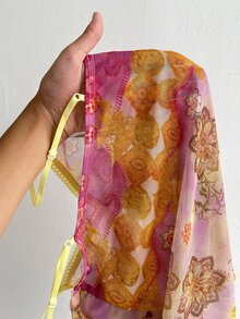 Sunnyshic Spaghetti Strap Lace Trim Waist Cinched Vintage Ombre Floral Print Ruffle Hem Camisole Top, Summer - Multicolor - View 8